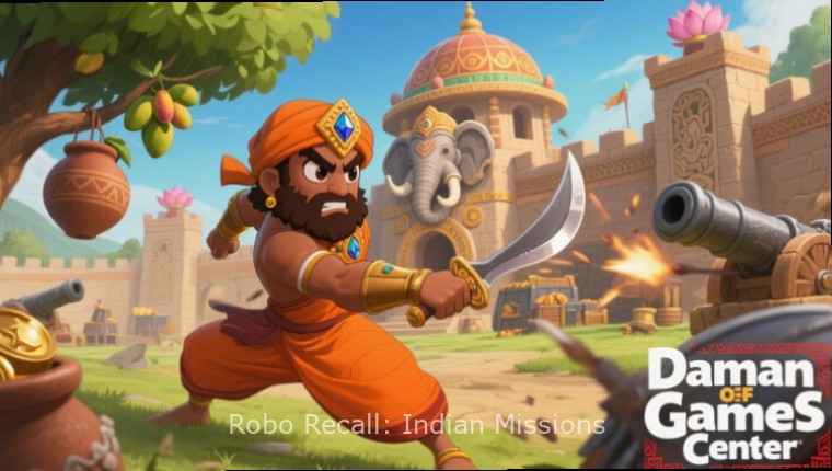 Robo Recall: Indian Missions game cover showing robots in Indian cityscape with Taj Mahal in background